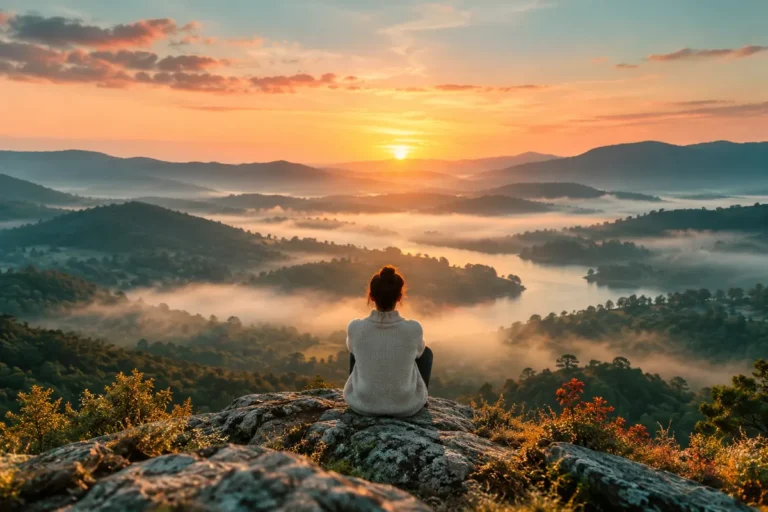 Pessoa pequena de costas diante de uma paisagem ampla ao amanhecer