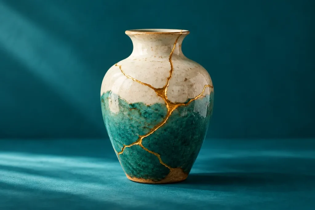Vaso de cerâmica reparado com linha dourada sobre fundo turquesa