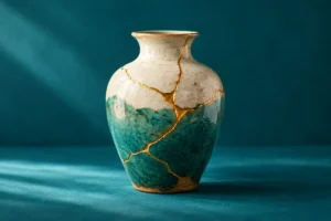 Vaso de cerâmica reparado com linha dourada sobre fundo turquesa